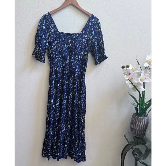 J GEE Blue Floral Smocked Tiered Midi Dress Puff Sleeve Square Neck Women's S - Picture 2 of 7